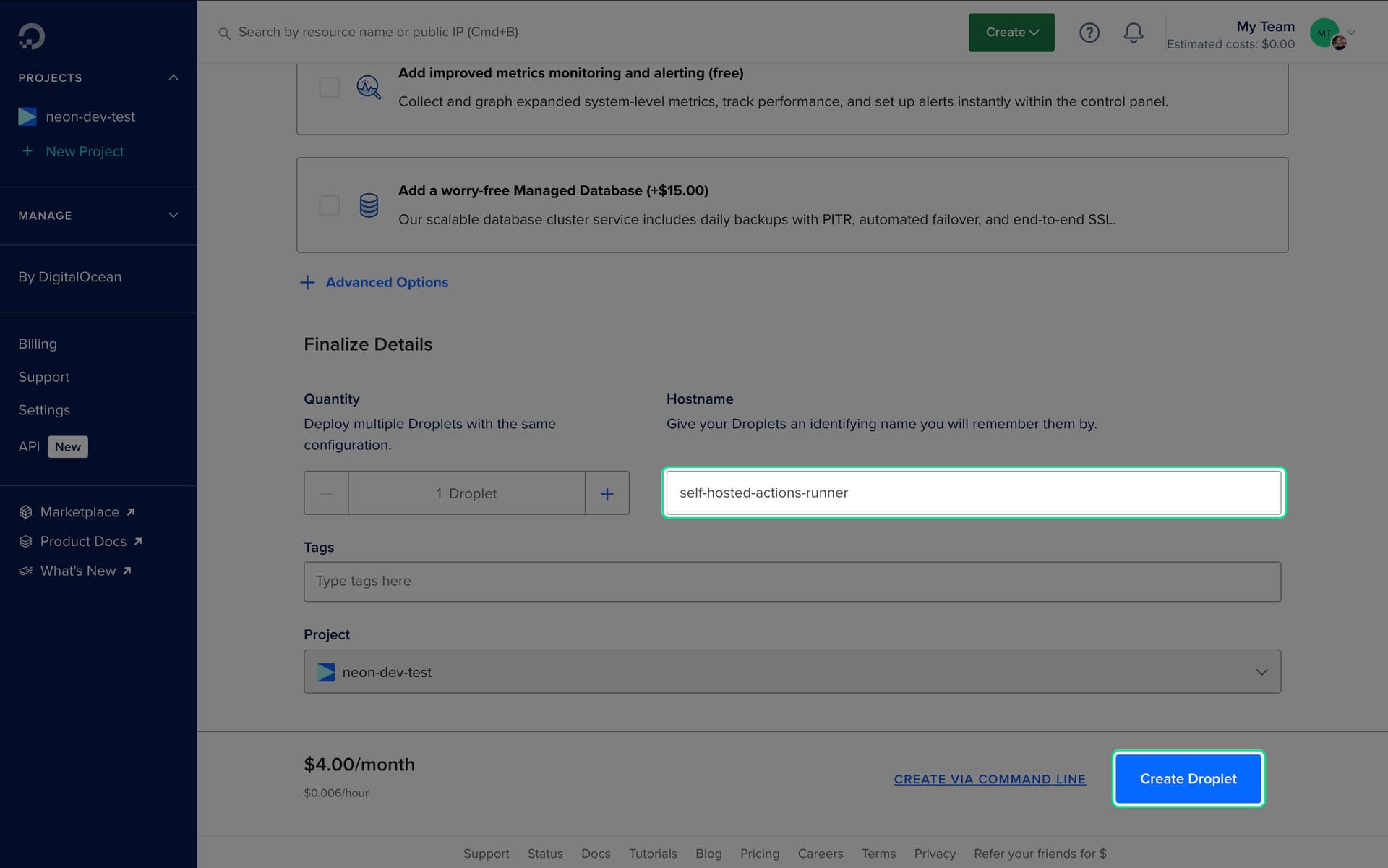 Screenshot of Digital Ocean Droplet Config- Droplet Name